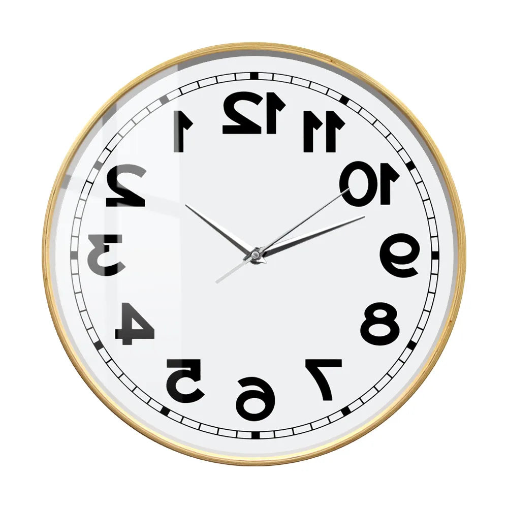 Reverse Number Wall Clock wooden-frame variant with glass cover and reversed black numerals