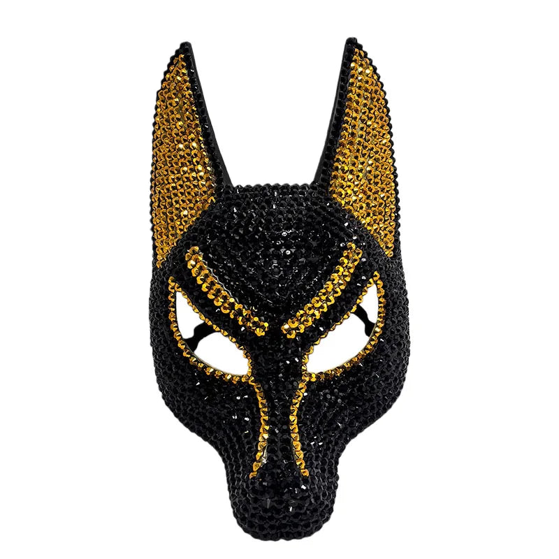 Rhinestone Wolf Party Mask in black with gold rhinestone accents and tall pointed ears on white