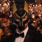 Rhinestone Wolf Party Mask in black worn by a man in a tuxedo with masked guests and golden lights behind