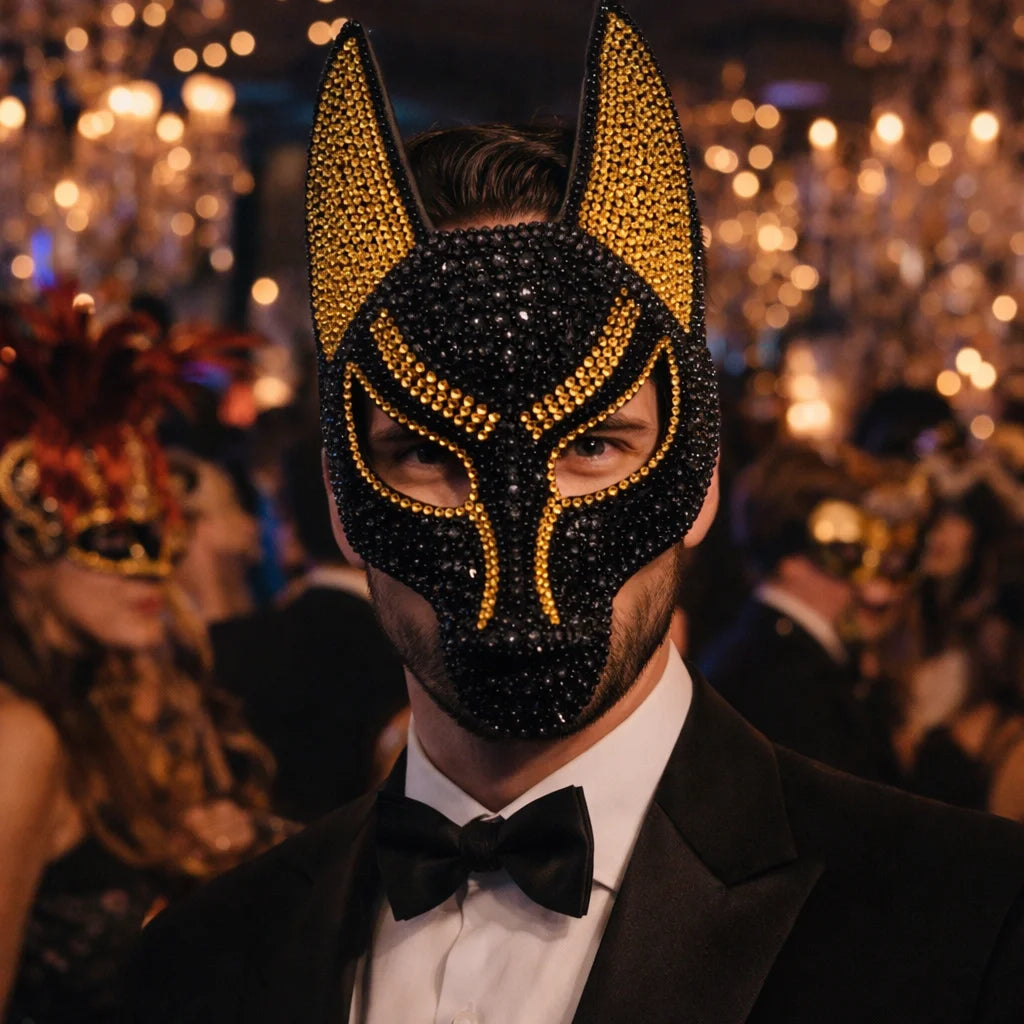 Rhinestone Wolf Party Mask in black worn by a man in a tuxedo with masked guests and golden lights behind