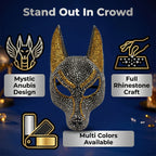 Rhinestone Wolf Party Mask gray feature graphic showing pointed ears, rhinestone coverage and color options