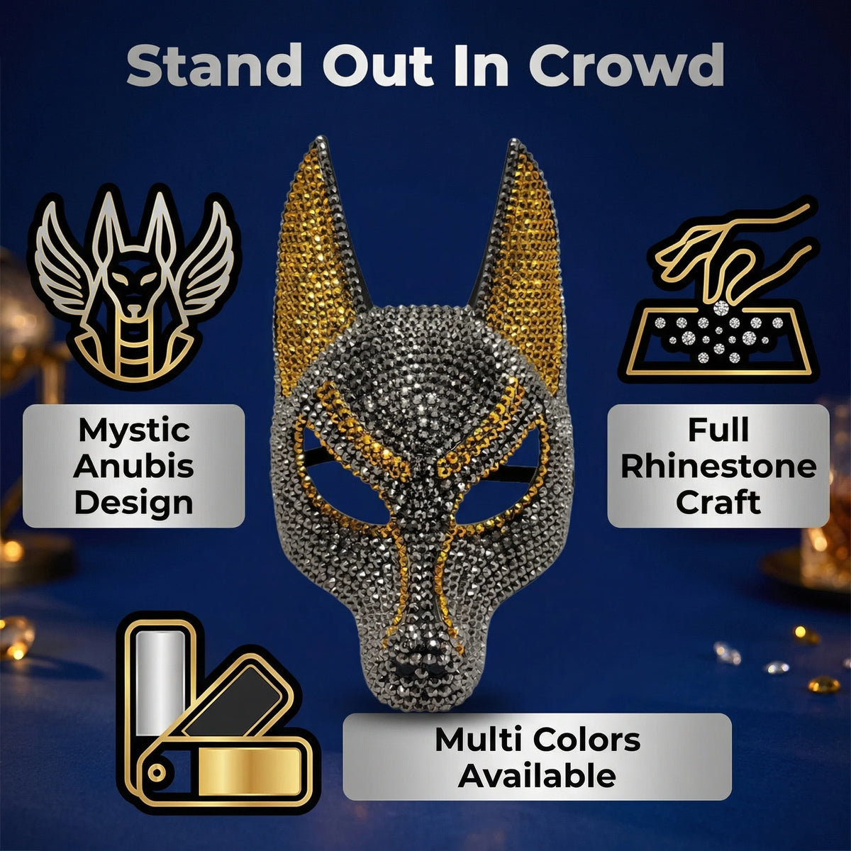 Rhinestone Wolf Party Mask gray feature graphic showing pointed ears, rhinestone coverage and color options