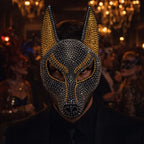 Rhinestone Wolf Party Mask in gray worn with a black shirt and jacket at an evening masquerade