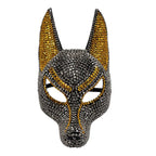 Rhinestone Wolf Party Mask in gray with gold ear accents, sculpted muzzle and open eye cutouts