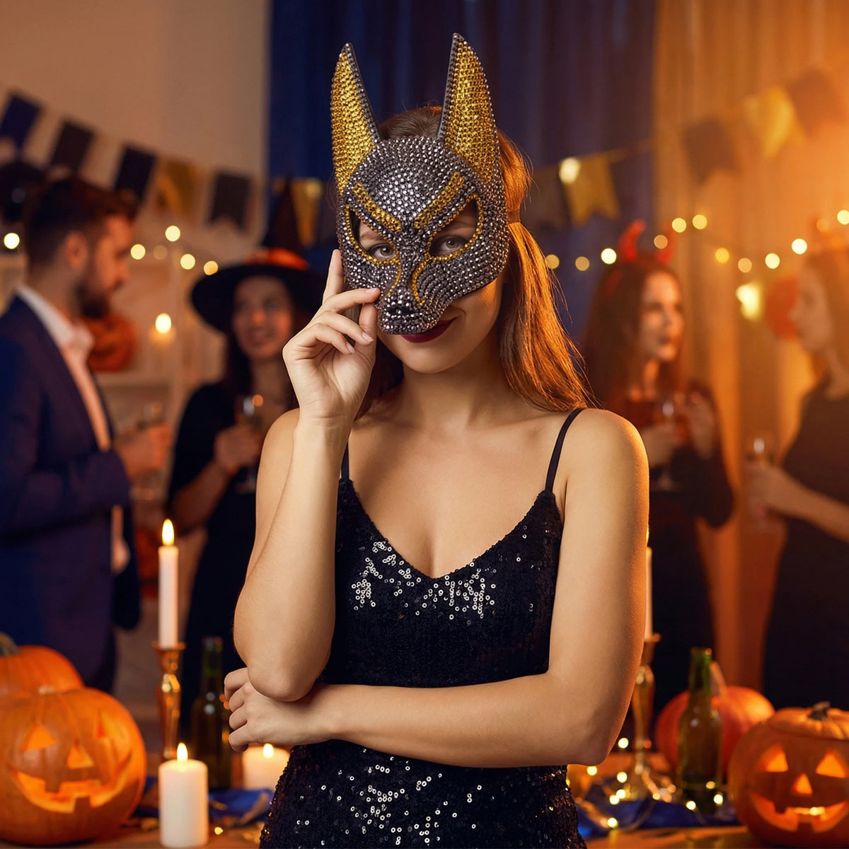 Rhinestone Wolf Party Mask in gray worn by a woman in a black dress at a pumpkin-decorated Halloween party