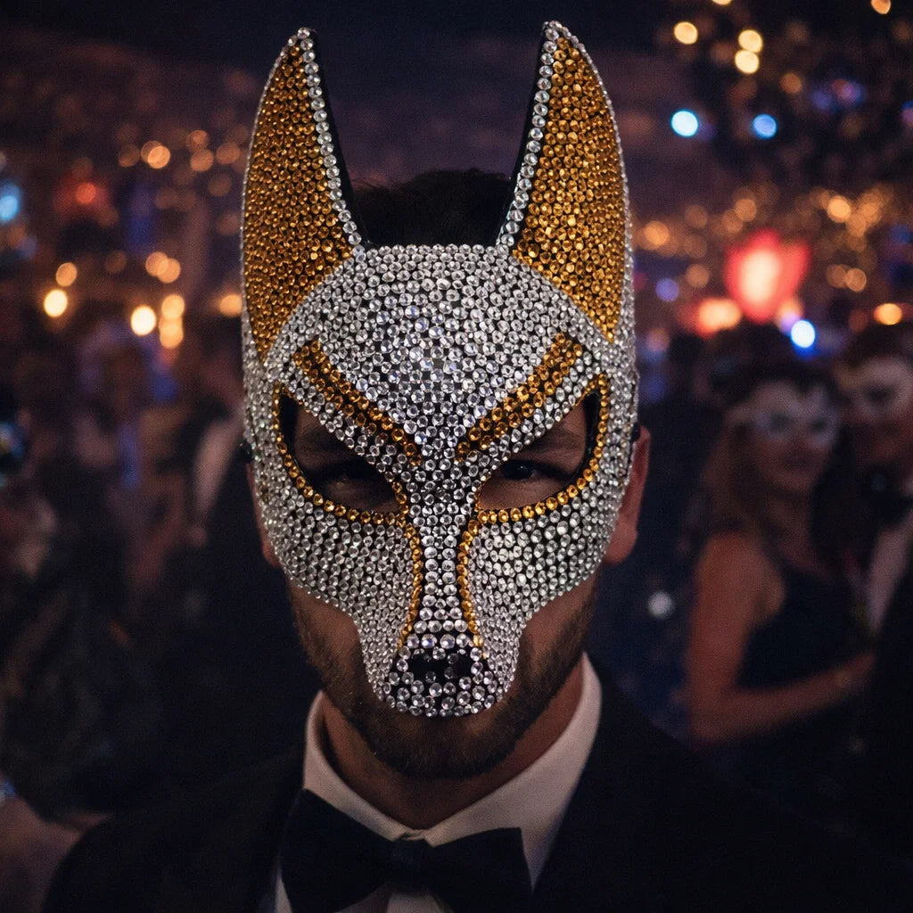 Rhinestone Wolf Party Mask silver and gold close-up on a tuxedo-clad party guest with blurred lights behind