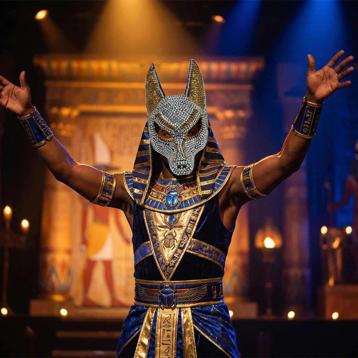 Rhinestone Wolf Party Mask silver styling example worn with a blue and gold Egyptian-inspired costume