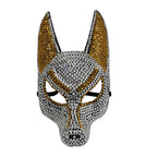 Rhinestone Wolf Party Mask in silver with gold ear and eye accents, shown from the front on white