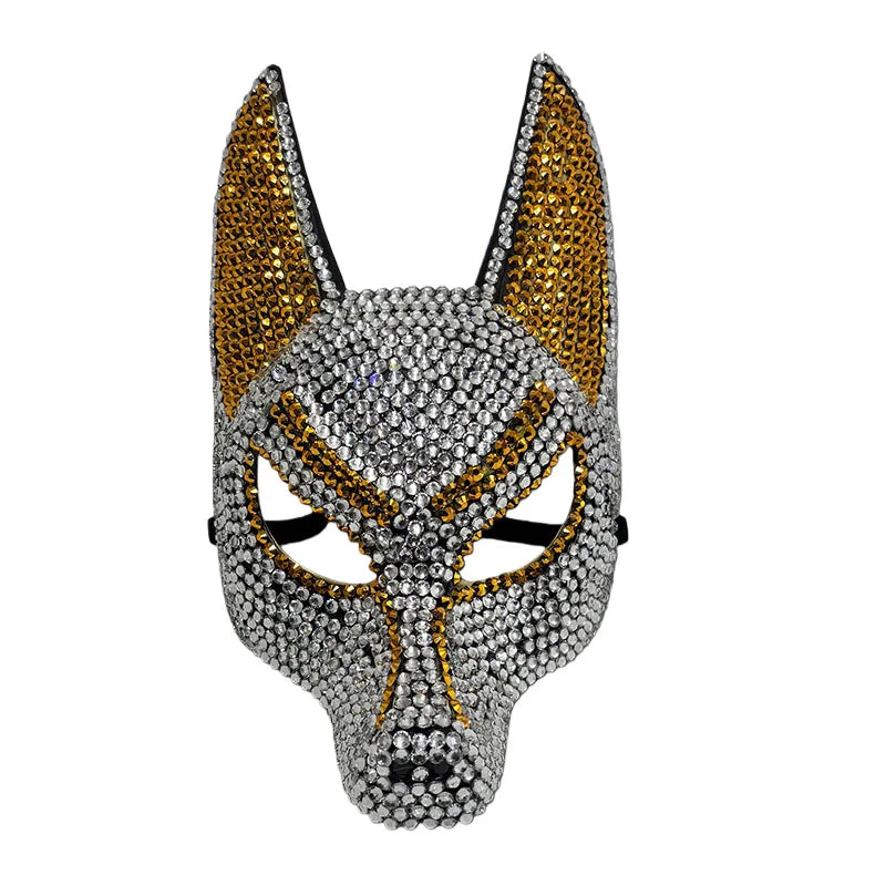 Rhinestone Wolf Party Mask in silver with gold ear and eye accents, shown from the front on white
