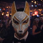 Rhinestone Wolf Party Mask in silver worn by a man in a tuxedo at a warmly lit masquerade