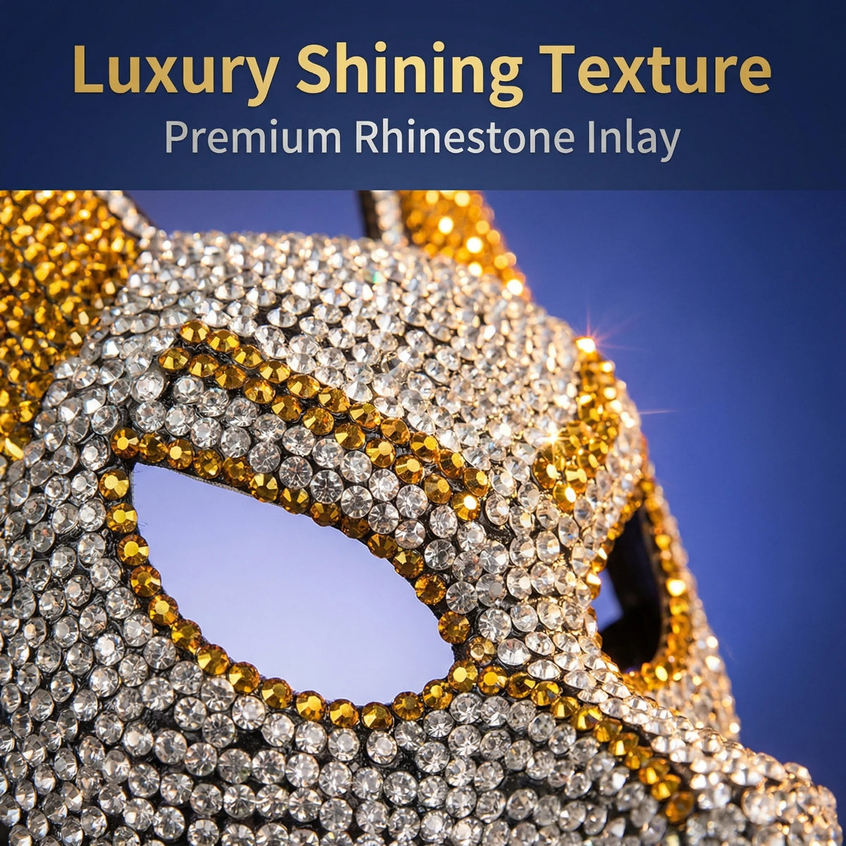 Rhinestone Wolf Party Mask silver and gold rhinestone close-up showing the eye opening and faceted surface