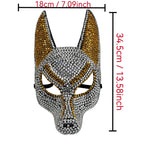 Rhinestone Wolf Party Mask silver size diagram labeled 18 cm wide and 34.5 cm tall, including the ears