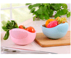 Rice Rinsing Strainer Bowl — Pink and blue example bowls holding vegetables and fruit