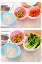 Rice Rinsing Strainer Bowl — Example bowls displaying rice, grapes, tomatoes and leafy greens