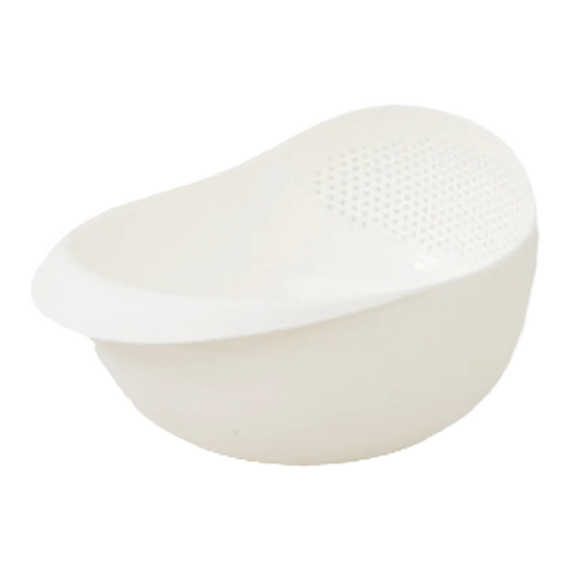 Rice Rinsing Strainer Bowl — Isolated white oval bowl showing solid base, grip lip and perforated side