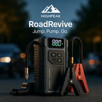 HighPeak RoadRevive™ jump starter with digital display, black and red clamps, and built-in air compressor at dusk