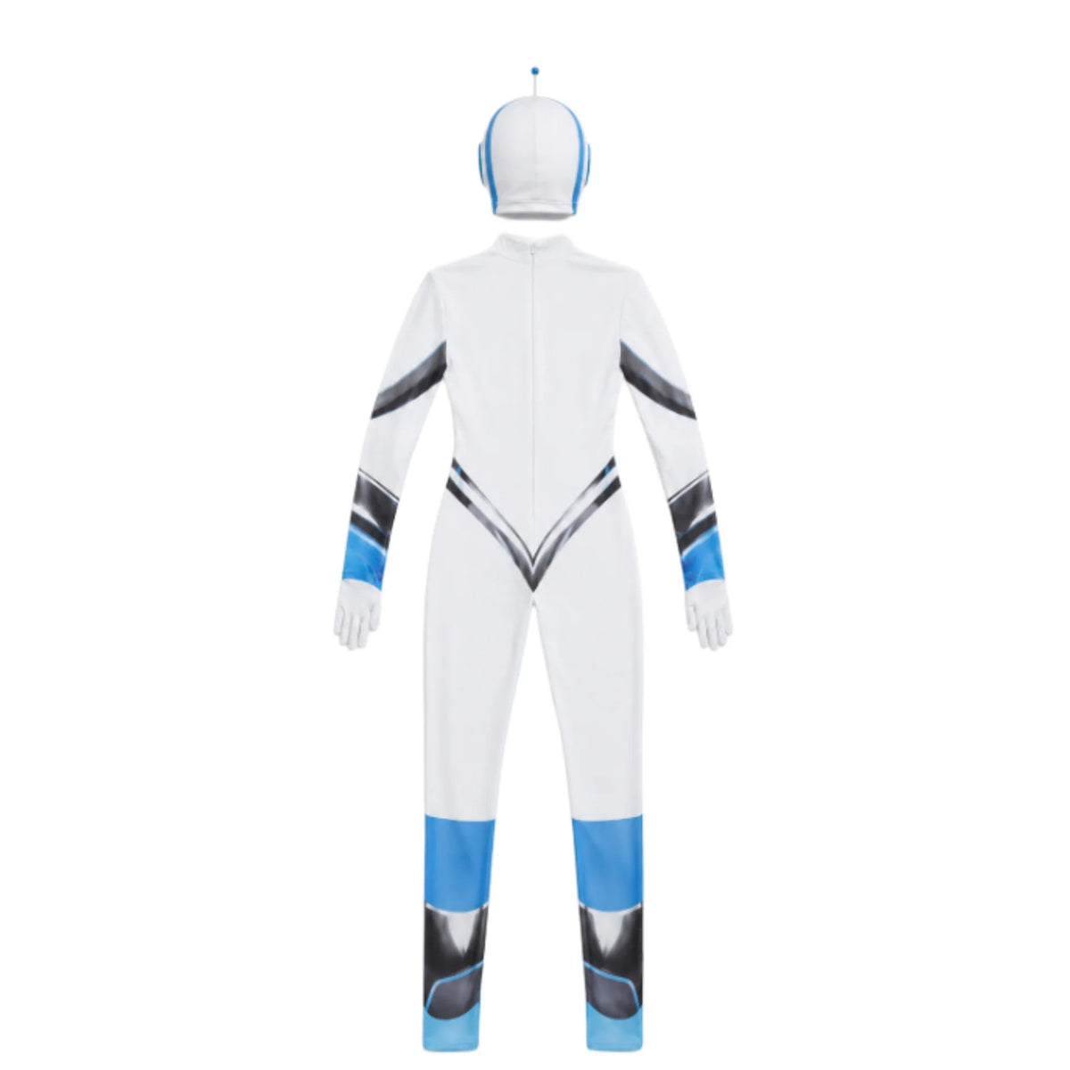 Robot Jumpsuit Costume laid out from the back with separate robot hood, long sleeves and rear zipper.