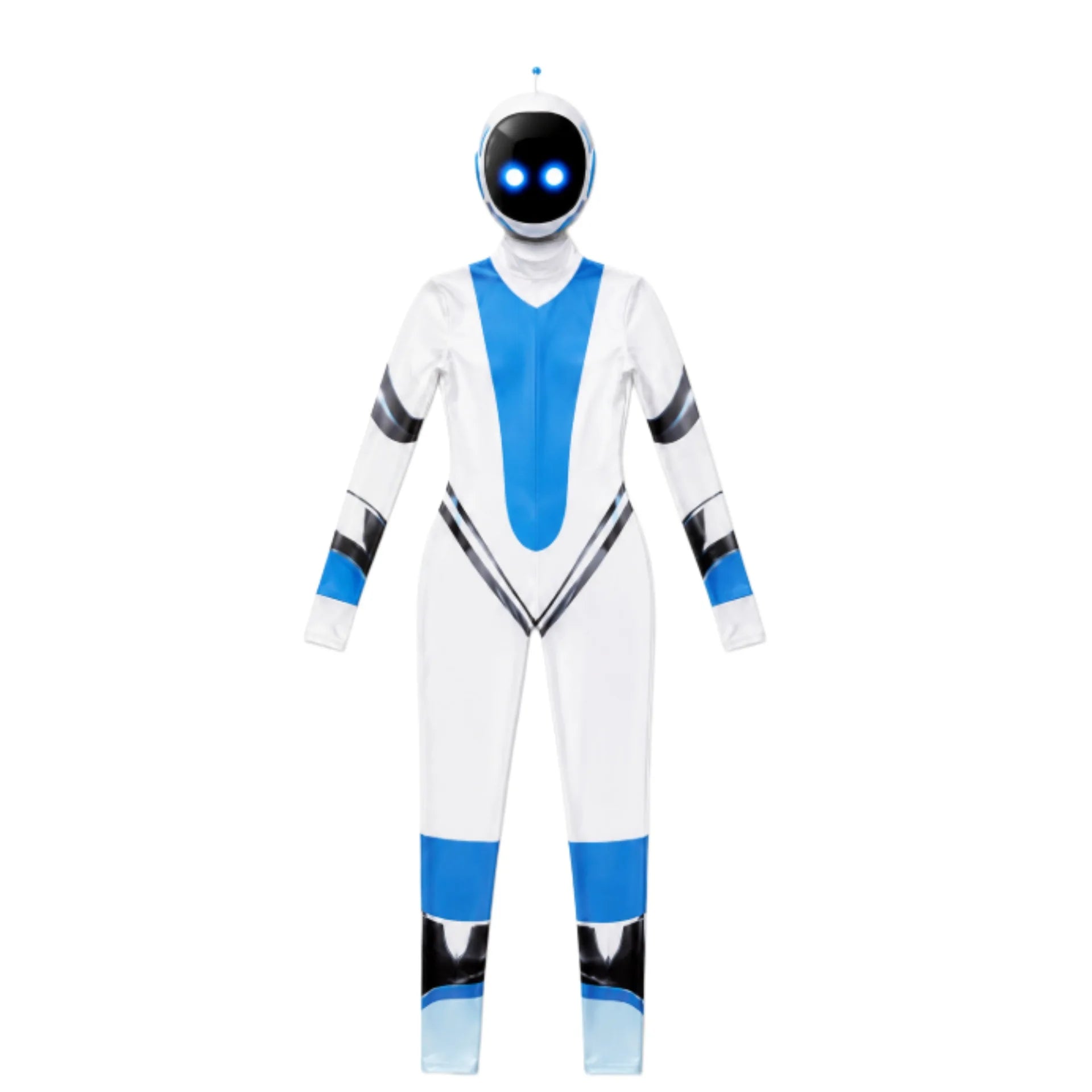 Robot Jumpsuit Costume in white and blue, shown from the front with robot hood and angular black accents.