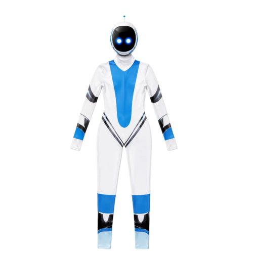 Robot Jumpsuit Costume in white and blue, shown from the front with robot hood and angular black accents.