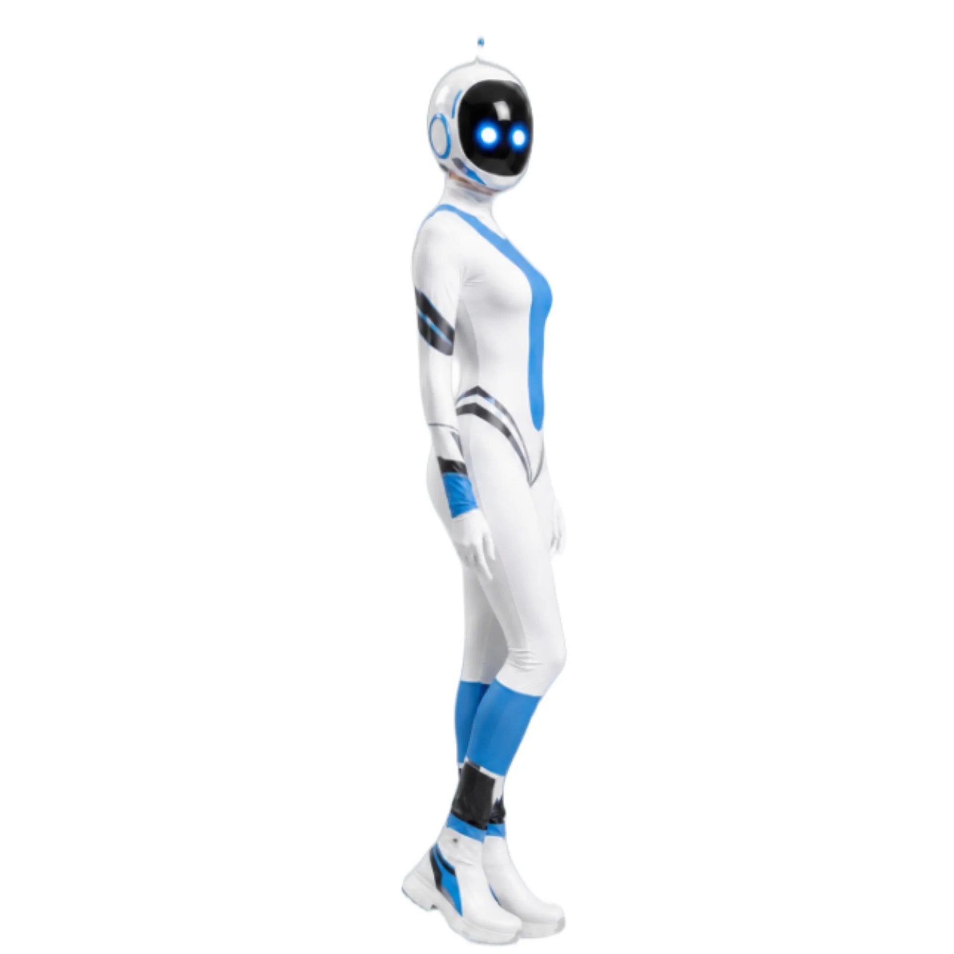 Robot Jumpsuit Costume worn in side view, showing the white body, blue panels and robot headpiece profile.