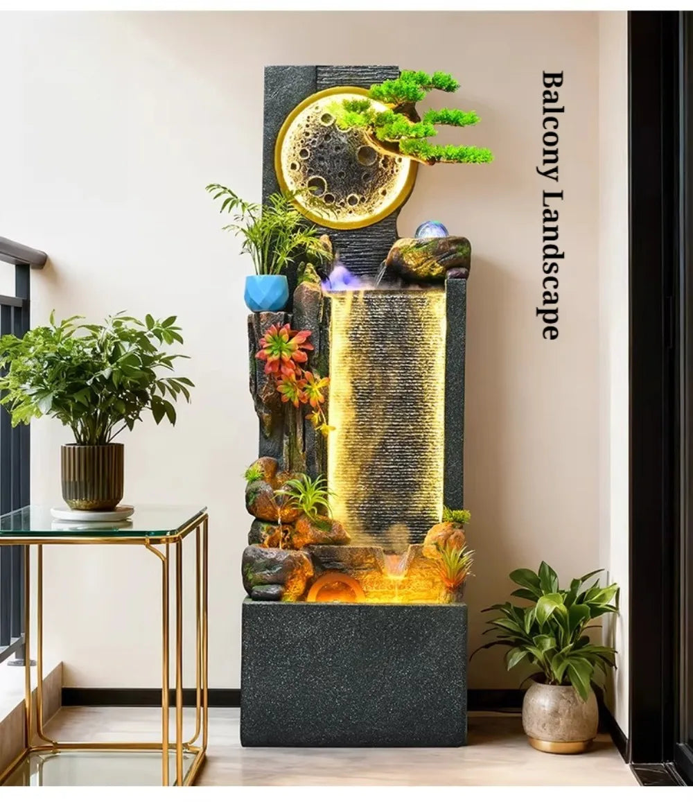 Rockery Water Fountain in a supplier balcony scene beside potted plants and a glass-topped side table.