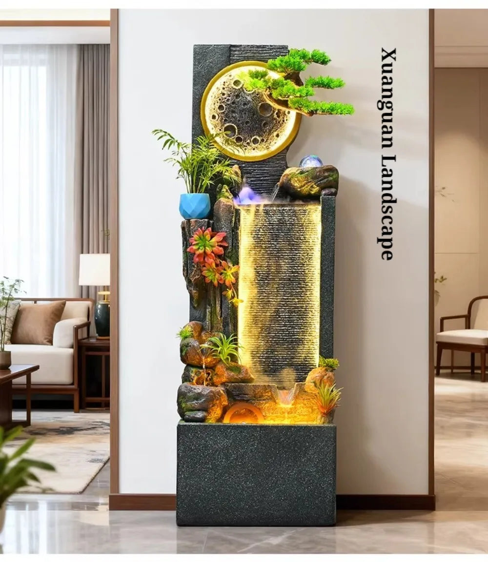Rockery Water Fountain entryway display with its glowing water curtain centered against an interior wall.