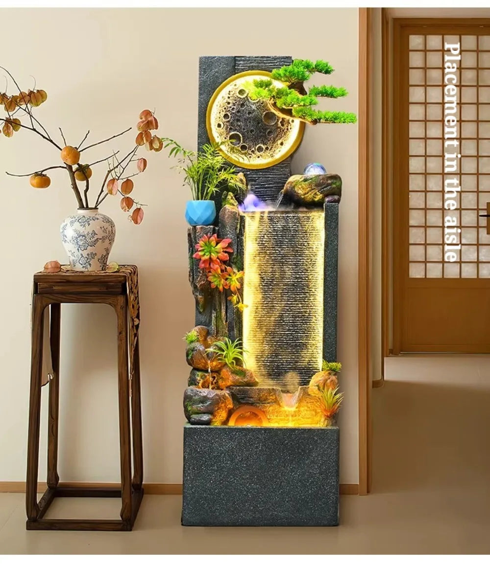 Rockery Water Fountain hallway placement guide showing the fountain beside a porcelain vase on a tall stand.