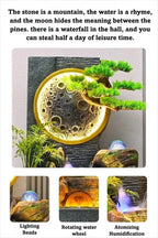 Rockery Water Fountain feature panel showing the moon motif, illuminated ball, water wheel and mist effect.
