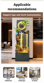Rockery Water Fountain supplier placement panel showing a lobby scene and home and tea room examples.