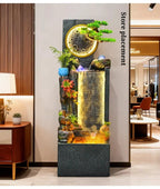 Rockery Water Fountain store placement guide showing the moon motif and waterfall against a display wall.