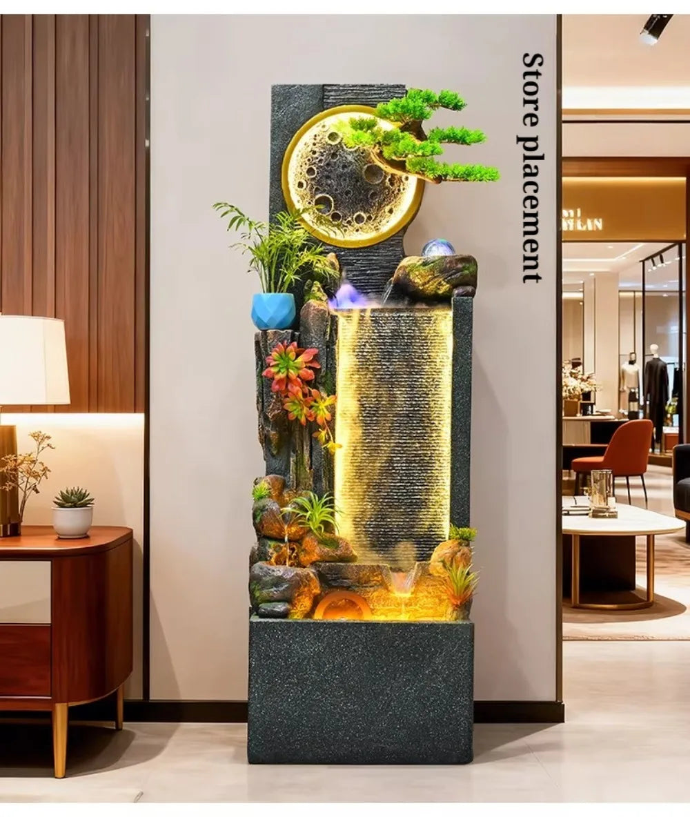 Rockery Water Fountain store placement guide showing the moon motif and waterfall against a display wall.
