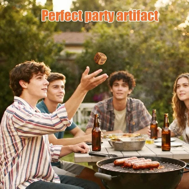 Party scene showing a drinking die tossed above an outdoor barbecue table