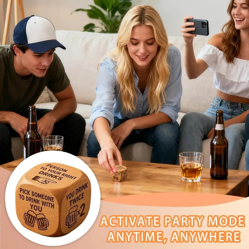 Friends playing with a wooden drinking die and close-up of three additional prompts