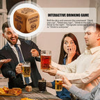 Drinking dice game graphic with printed instructions and friends around a table