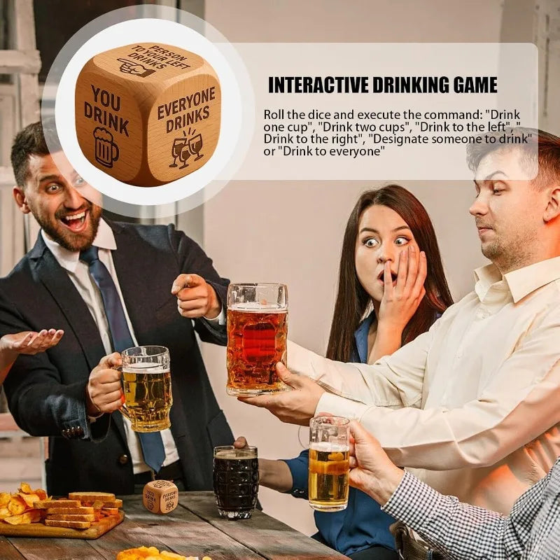 Drinking dice game graphic with printed instructions and friends around a table
