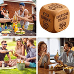 Wooden drinking die alongside a collage of social gatherings and outdoor meals