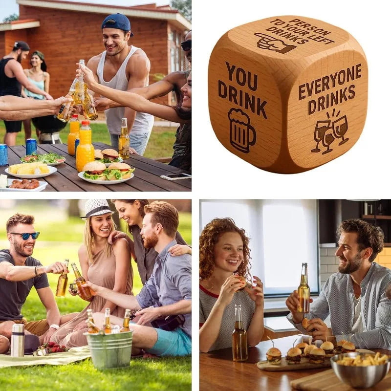 Wooden drinking die alongside a collage of social gatherings and outdoor meals