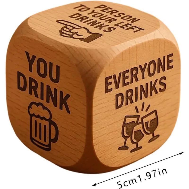 Wooden drinking die size guide showing 1.97 inches or 5 cm across