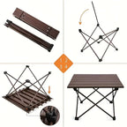 Roll-Up Camping Table four-panel supplier guide showing the folded top, opened frame, and tabletop attachment.