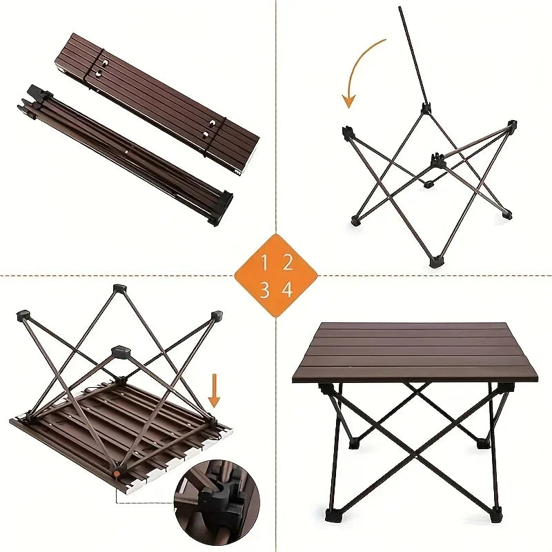 Roll-Up Camping Table four-panel supplier guide showing the folded top, opened frame, and tabletop attachment.