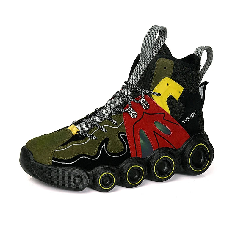 Roller-Inspired Street Sneakers in army green with red and yellow panels and black decorative wheel details