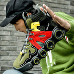 Army Green Roller-Inspired Street Sneakers held beside a green sweatshirt, showing the colorful outer side