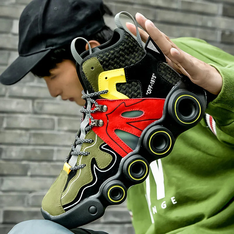 Army Green Roller-Inspired Street Sneakers held beside a green sweatshirt, showing the colorful outer side