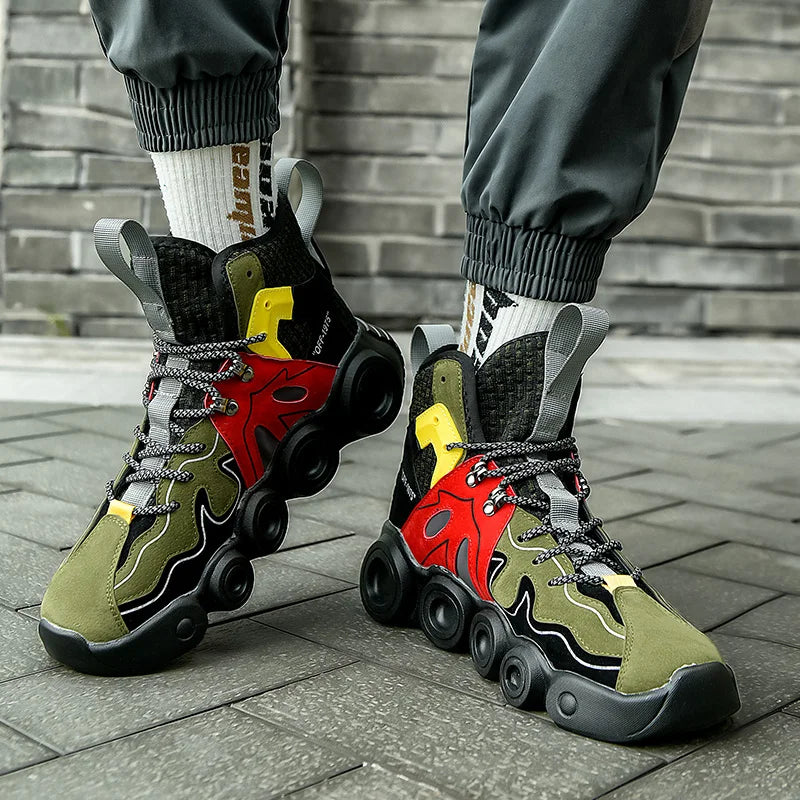 Pair of Army Green Roller-Inspired Street Sneakers on tiled pavement with gray joggers and white socks