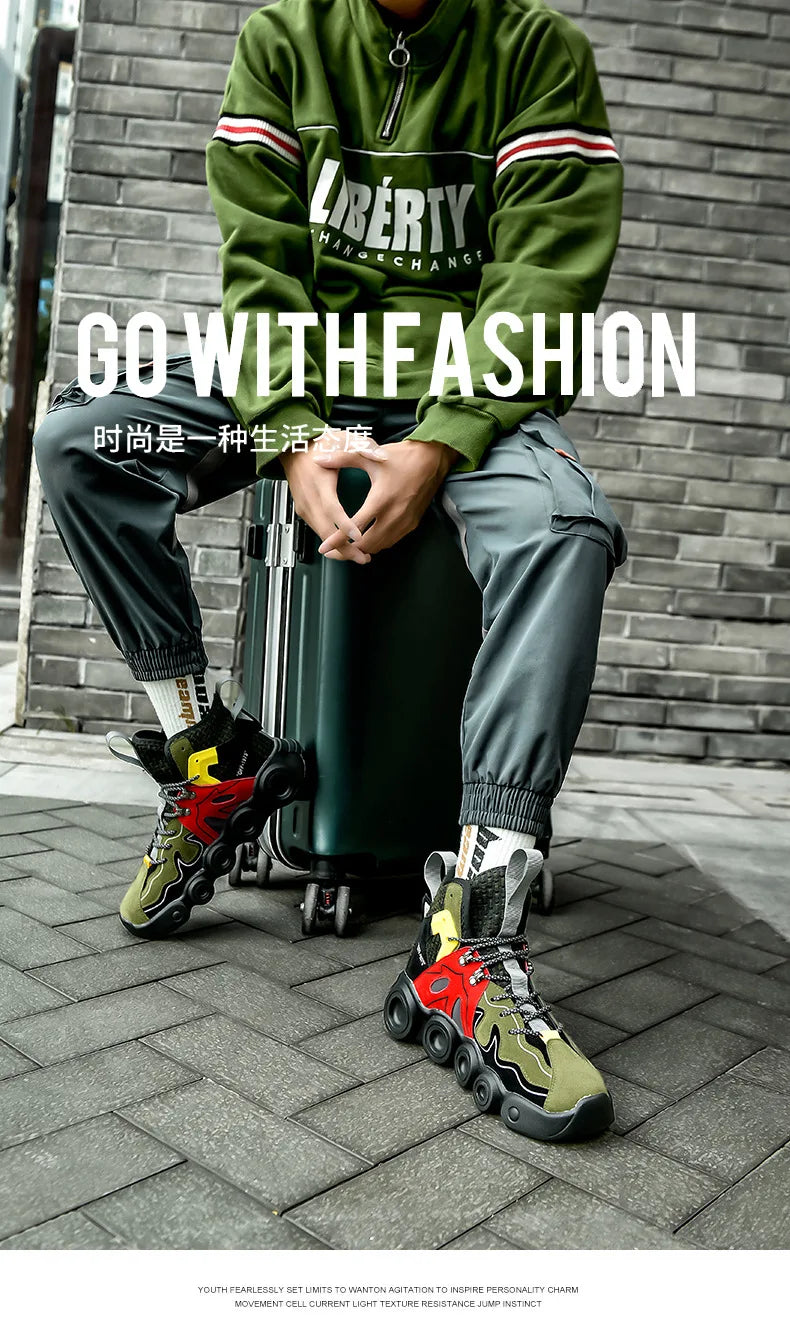 Roller-Inspired Street Sneakers in army green worn with gray cargo joggers and a green top beside a suitcase