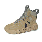 Beige Roller-Inspired Street Sneakers on white, with gray textured collar, pull loops and tonal sculpted sole