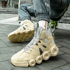 Seated view of beige Roller-Inspired Street Sneakers showing one sculpted side profile and the other shoe's tread