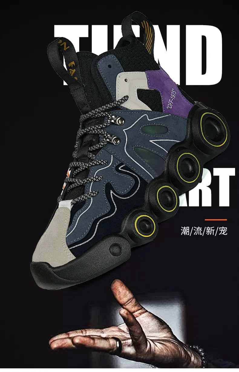 Black Roller-Inspired Street Sneakers in a fashion graphic, positioned above an open hand against a dark background