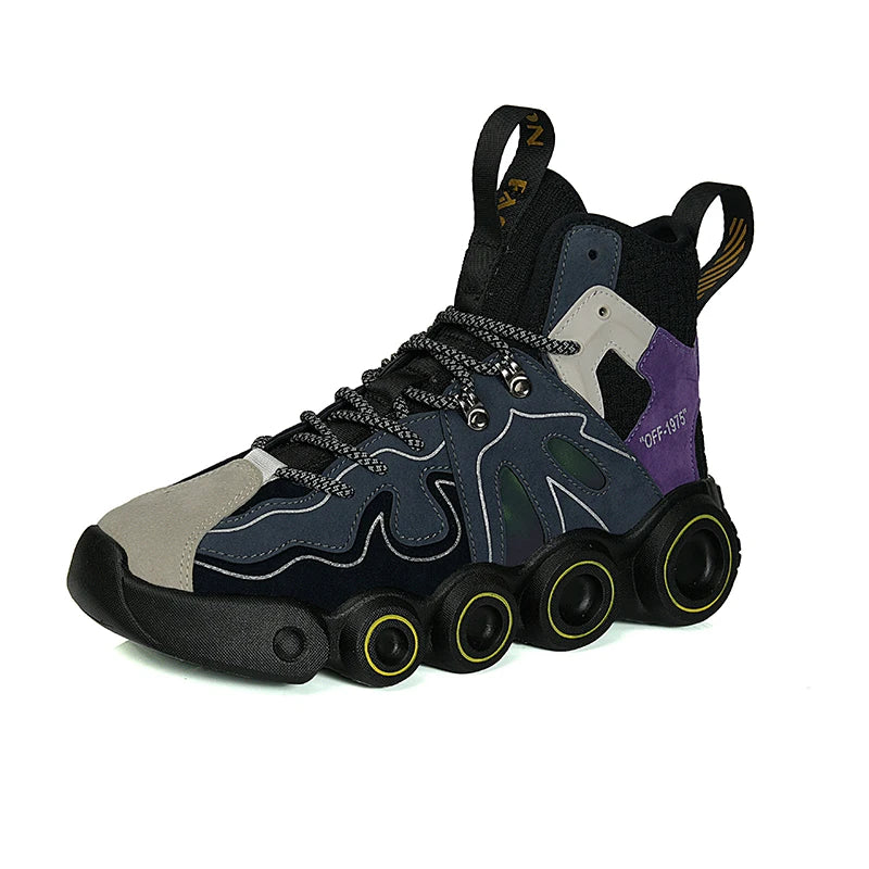 Black Roller-Inspired Street Sneakers with patterned laces, purple heel panel and sculpted decorative sole