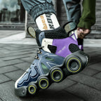 Roller-Inspired Street Sneakers worn in black, with a raised heel showing the yellow-ringed decorative sole